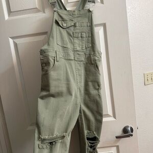 Olive Green Distressed Overalls